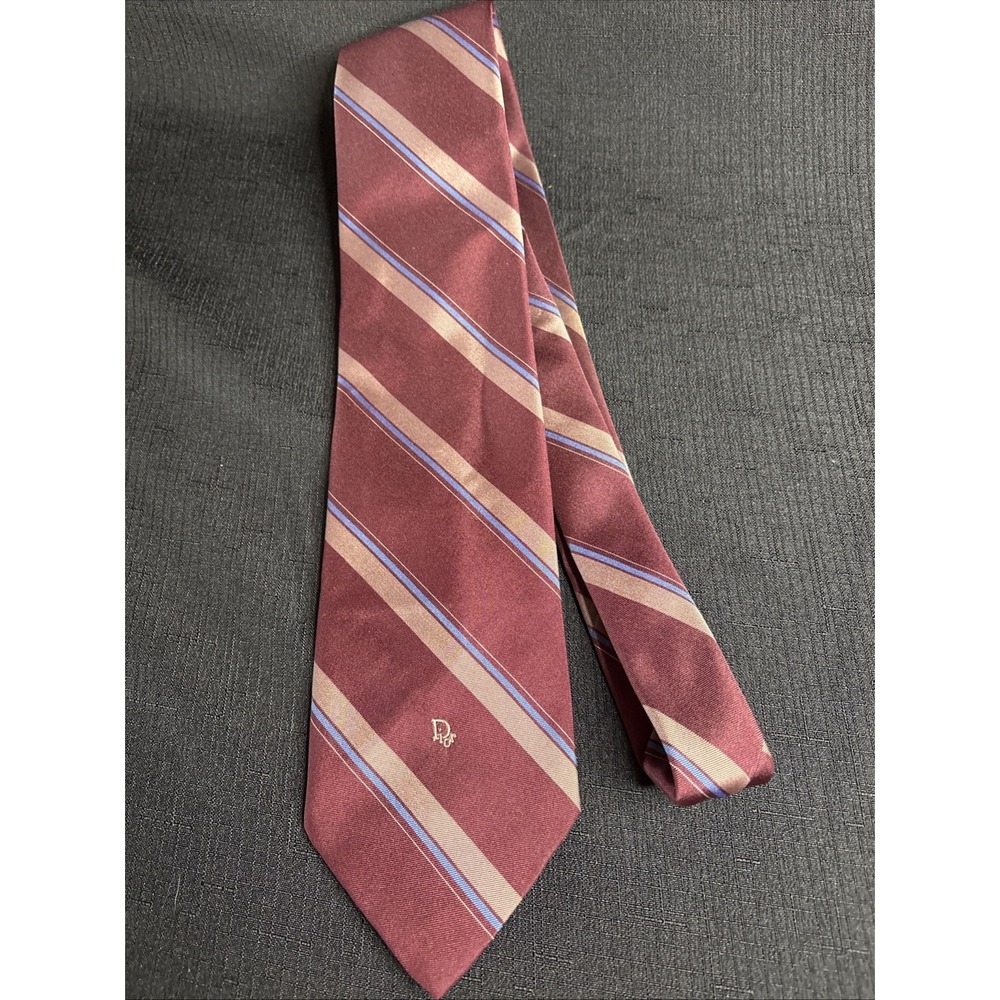 Christian Dior Monsieur Vintage Silk Blend Striped Tie Burgundy Blue Logo Men